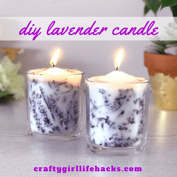 two candles sitting next to each other on top of a table with the words diy lavender candle