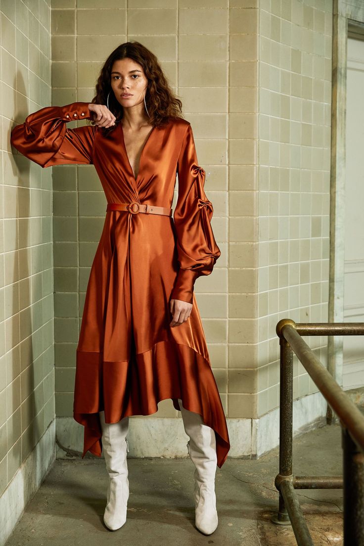 Jonathan Simkhai Pre-Fall 2018 Collection - Vogue Dark Orange Dress, Orange Outfit, Dark Orange, Jonathan Simkhai, Satin Midi Dress, White Boots, Fashion Event, Fashion Show Collection, Orange Dress