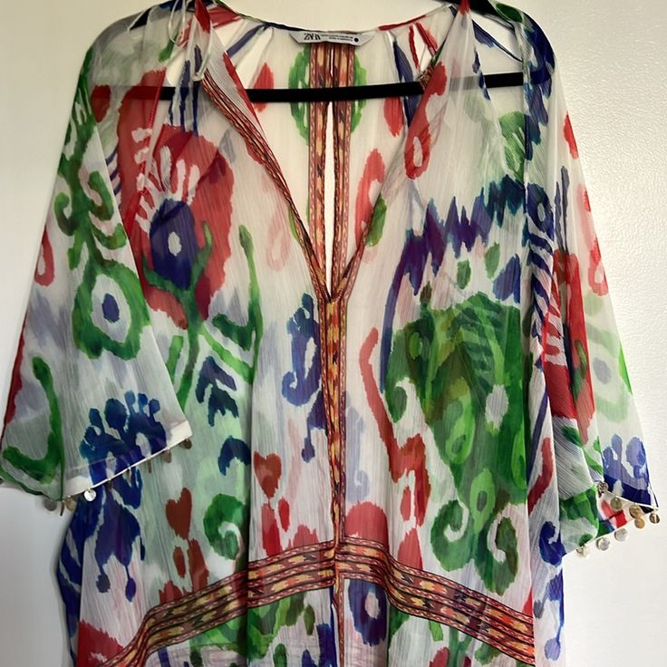 Never Used, Was Sitting In The Closet For A While. Casual Multicolor Boho Print Cover-up, Vibrant V-neck Blouse For Beach, Zara Bohemian Blouse For Day Out, Red Summer Blouse With Colorful Pattern, Vibrant Summer Beach Blouse, Multicolor Tunic Top For Vacation, Beach V-neck Blouse With Vibrant Print, White Tops With Colorful Pattern For Vacation, Summer Patterned V-neck Blouse