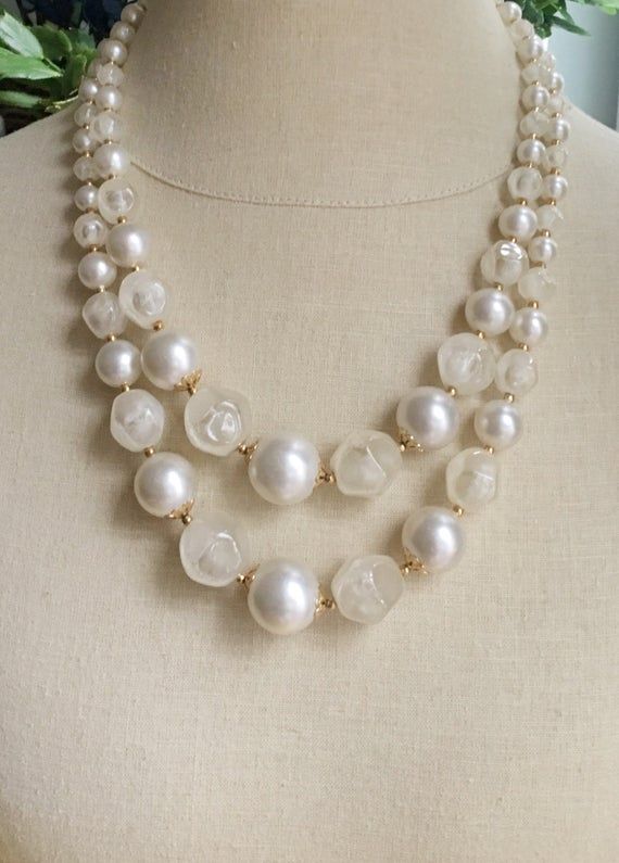 Big, beautiful multi strand faux pearl and bead statement necklace. Vintage mid century.  Wear for p Big Chunky Necklaces, 1950s Beaded Jewelry, Elegant Double Strand Necklace With Large Beads, Elegant Double Strand Beaded Necklace With Large Beads, Vintage Double Strand Pearl Necklace, Vintage Double Strand Pearl Necklace For Anniversary, Costume Jewelry Double Strand Necklace For Wedding, Double Strand Costume Jewelry Necklaces For Wedding, Double Strand Costume Jewelry Necklace For Wedding