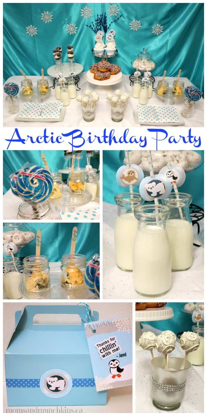 a birthday party with blue and white decorations