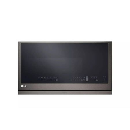 lg built - in microwave with stainless steel trim and black glass door, over the range