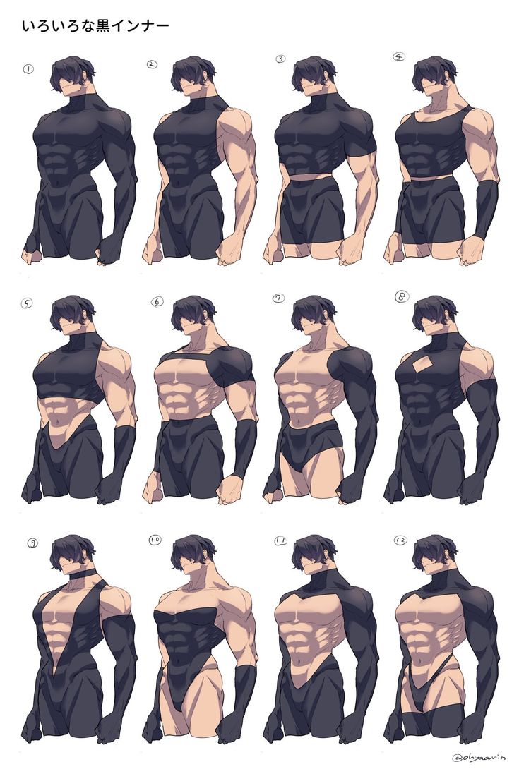 an anime character's body is shown in several different poses, including the torso and chest