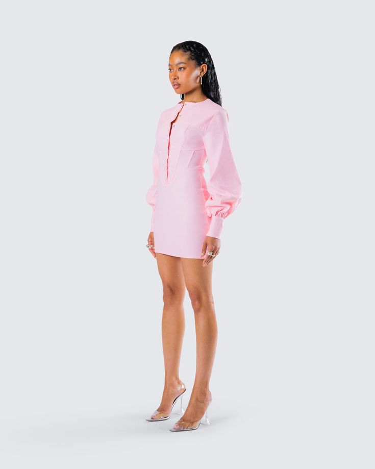 Respectfully boss them around in this pink mini dress 😌 With a bodycon fit, boning at the torso, and seven front buttons, this dress made from comfort stretch fabric will have them following all your orders 💕 Fitted Asymmetrical Mini Dress For Work, Pink Mini Dress For Night Out, Spring Mini Bodycon Dress With Buttons, Pink Mini Dress For Date Night, Spring Bodycon Mini Dress With Buttons, Pink Lace Mini Dress For Date Night, Mini Bodycon Dress With Buttons, Mini Length Bodycon Dress With Buttons, Chic Pink Mini Bodycon Dress