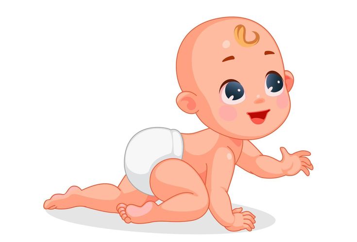 a baby in diapers sitting on the ground with his hands out and looking up