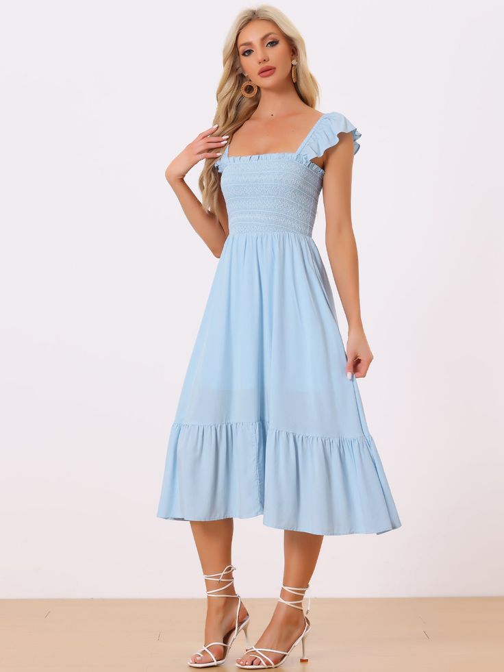 Shop Allegra K for boho midi square neck ruffle tiered flowy smocked sundress you are looking for, get more women's dresses for yourelf. Order now! Free Returns! Light Blue Smocked Back Sundress, Blue Knee-length Midi Dress With Smocked Back, Light Blue Sundress With Smocked Back, Blue Smocked Midi Length Dress, Blue Ruched Midi Smocked Dress, Casual Ruched Chiffon Dress, Casual Light Blue Midi Dress With Square Neck, Casual Blue Smocked Dress With Ruffles, Blue Midi Smocked Dress