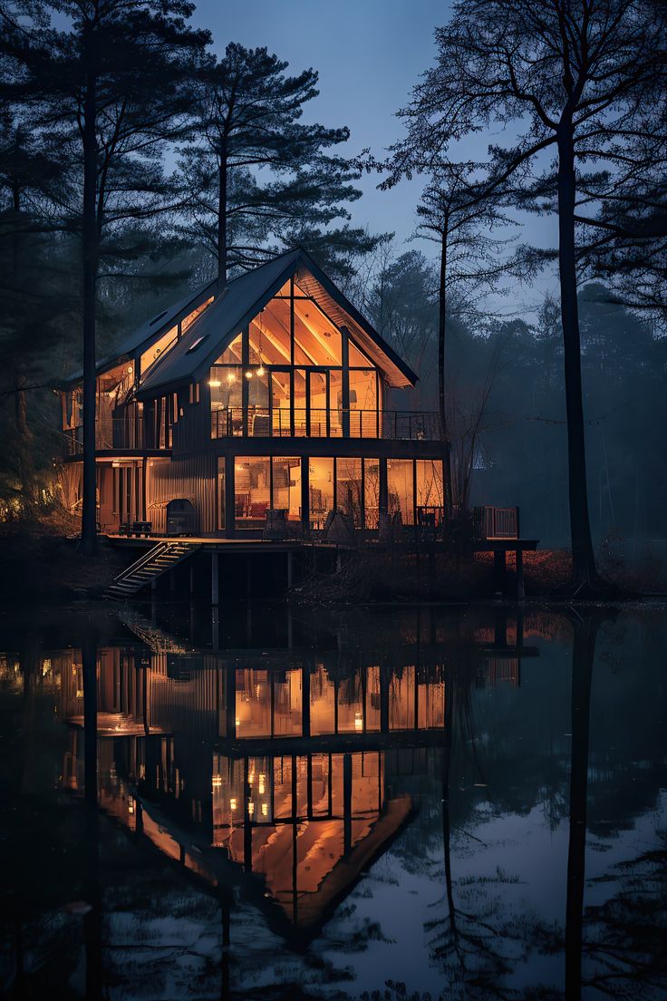 a cabin is lit up at night by the water's edge with its lights on