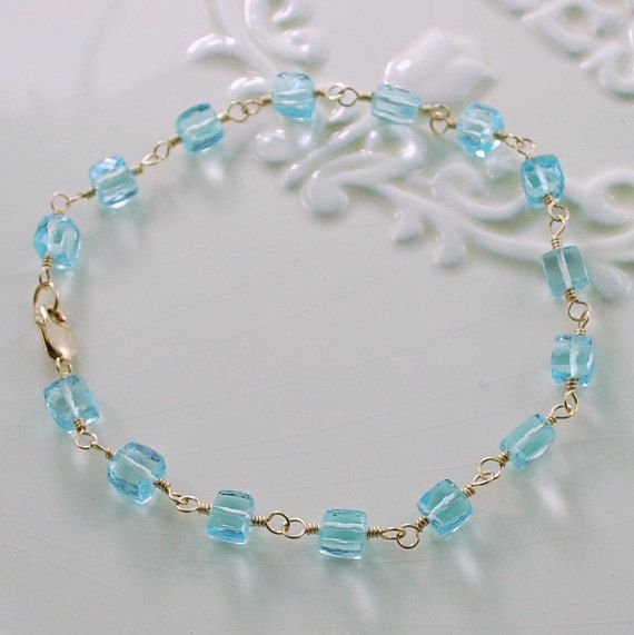 Sky Blue Topaz Bracelet, Gemstone, Semiprecious Cubes, December Birthstone, Silver or Gold Filled Je Elegant Aquamarine Faceted Beads Jewelry, Elegant Aquamarine Jewelry With Faceted Beads, Handmade Aquamarine Bracelet, Aquamarine Rondelle Jewelry As A Gift, Aquamarine Rondelle Jewelry For Gift, Aquamarine Rondelle Jewelry Gift, Single Strand Aquamarine Jewelry Gift, Rosary Jewelry, Topaz Bracelet