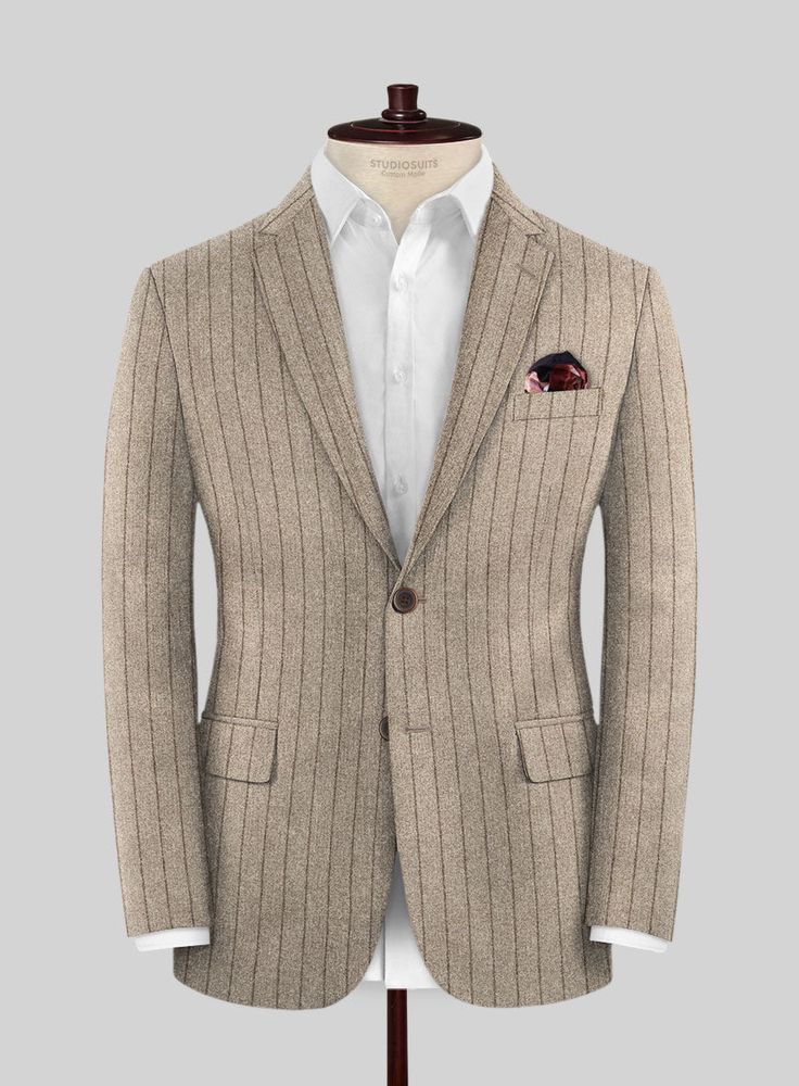 Maximize your ambitious and professional look with our Caccioppoli Acabel Brown Wool Jacket that sets a classic set of rules and principles to attain luxury. Tailored with pure wool, our jacket is constructed with a striped pattern and a light brown shade that efficiently executes class at your party. Plus, our jacket has comfort traits and a smooth feel that offer a luxe finish to your overall look in the most difficult situations. So grab this excellent piece for your event that levels up your Luxury Striped Outerwear With Notch Lapel, Elegant Striped Suits For Business Casual, Elegant Pinstripe Blazer In Suiting Fabric, Elegant Pinstripe Blazer, Elegant Striped Three-piece Suit, Formal Beige Tweed Jacket With Welt Pockets, Tailored Beige Tweed Jacket For Formal Occasions, Luxury Pinstripe Suit With Long Sleeves, Luxury Pinstripe Outerwear With Notch Lapel