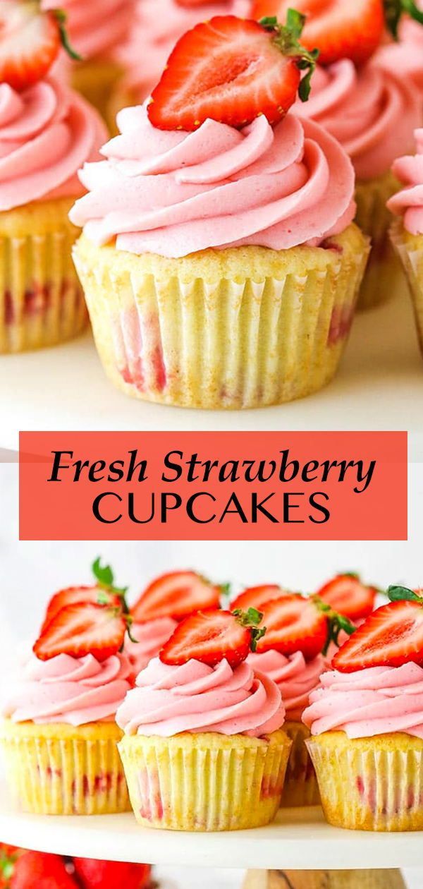 fresh strawberry cupcakes with pink frosting and strawberries on top are shown