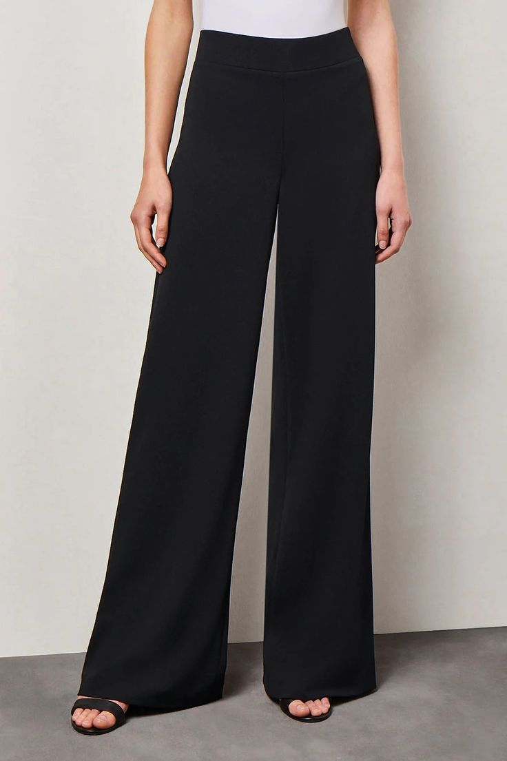 Wide-Leg Pull-On Deco Crepe Pant Elegant Office Pants With Pull-on Style, Elegant Elastane Wide Leg Pants, Versatile Straight Leg Evening Pants, Versatile Straight Leg Pants For Evening, Elegant Wide Leg Pants For Work, Elegant Stretch Wide-leg Dress Pants, Elegant Ankle-length Dress Pants For Evening, Elegant Wide Leg Pull-on Pants For Work, Chic Wide Leg Pants For Work With Elastic Waistband