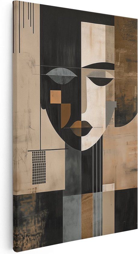 an abstract painting with various shapes and colors on the canvas, including black, white, brown