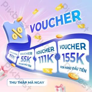 an advertisement for voucher is shown in blue and pink colors with gold coins around it