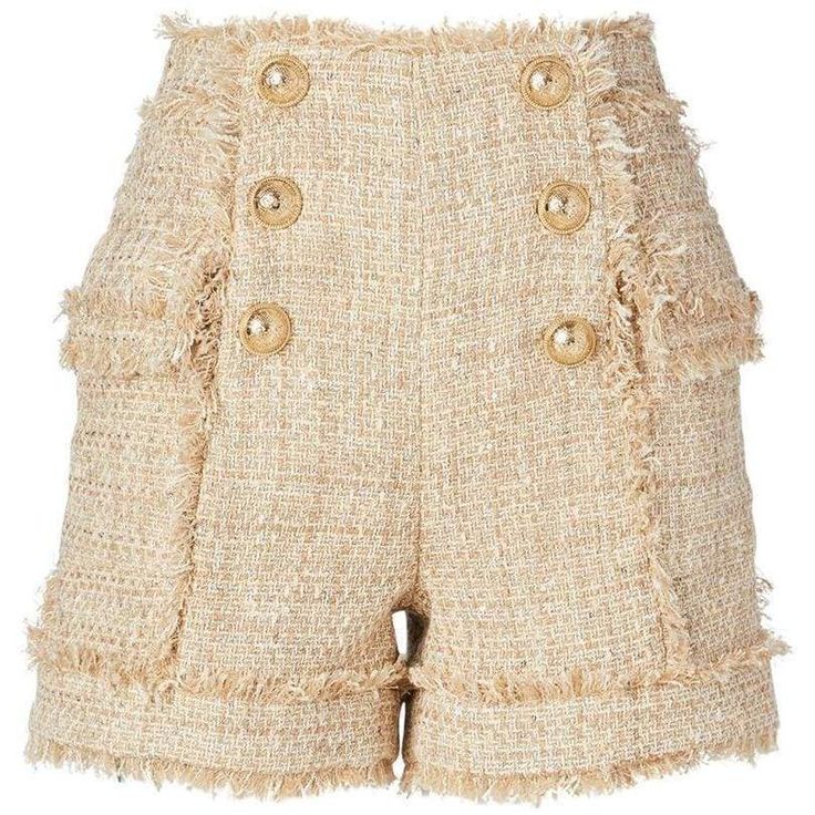 Mid-weight cotton tweedLamé and sequin accentsSide flap pocketsBeige satin liningGold-tone metal crest press studs55% Cotton, 23% Polyester, 16% Polyamide, 5% Acrylic, 1% Metallic PolyesterSnap button closureFits true to size Balmain Tweed, Chanel Shorts, Tweed Fashion, That Girl, Feather Gown, Tweed Outfit, Theatrical Romantic, Womens High Waisted Shorts, Tweed Shorts