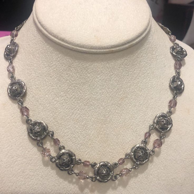 This Is An Original Robert Rose Necklace From The Early 90s And It Is Still New With Tags. It Has Been Packed Away From My Mom’s Original Boutique. It’s Perfect For Anytime. A Must Have For Valentine’s Day. Antiqued Silver Finish And Pale Pink Crystals. Can Be Worn As A Choker Or A 16” Necklace (2) Vint Bx C Formal Silver Jewelry With Rose Details, Elegant Silver Necklace With Rose Design, Silver Rose Design Jewelry For Formal Occasions, Silver Necklace With Rose Design, Vintage Silver Jewelry With Roses, Vintage Silver Necklace With Rose Design, Vintage Silver Necklaces With Rose Design, Adjustable Silver Jewelry With Rose Details, Silver Metal Necklace With Rose Design