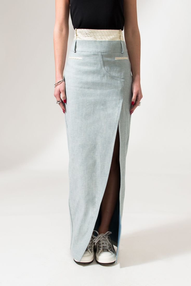 The Mae Skirt is a regular fit, long skirt, crafted from a fine cotton denim. This skirt has a straight cut shape, with mid rise deconstructed crotch seam detail complemented by checquered pattern jacquard silk and finished with French seams. This sustainable skirt is tailor made and on demand. It takes us 6 hours to make this skirt. PLEASE ALLOW 1-5 BUSINESS DAYS FOR PRODUCTION Cool Face, Winter Trench Coat, Denim Maxi, Denim Maxi Skirt, Shirt Dress Casual, French Seam, Light Blue Denim, Suit Shop, Clothing Labels