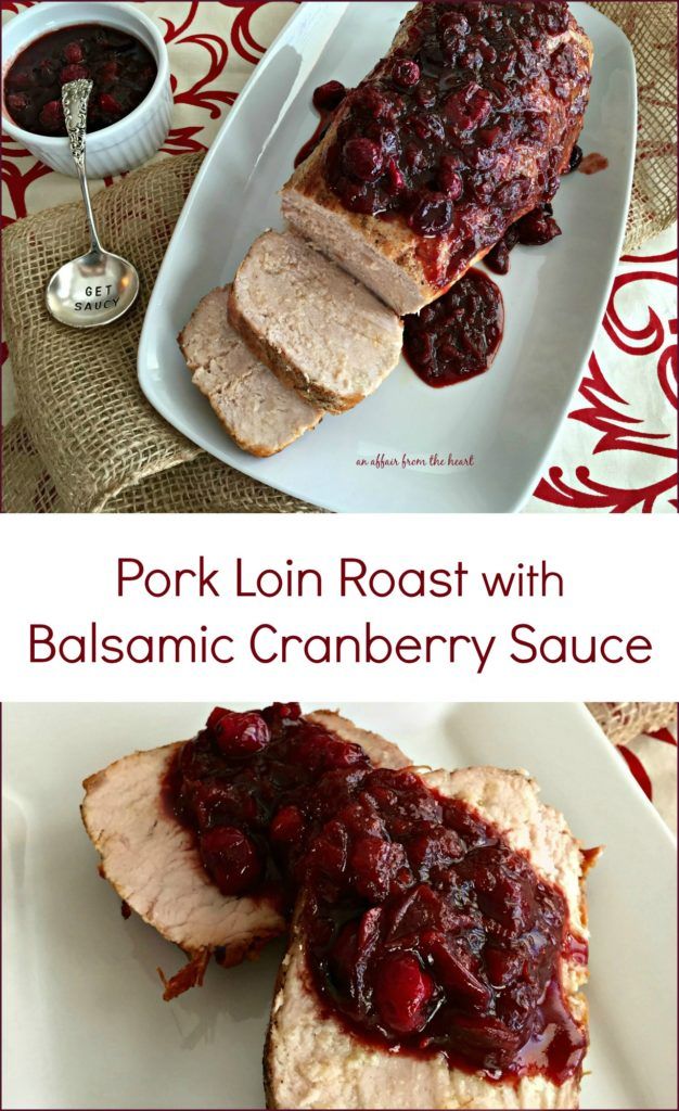 pork loin roast with balsamic cranberry sauce on a white plate