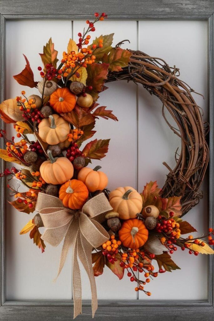 a wreath with pumpkins, berries and leaves is hanging on the front door frame