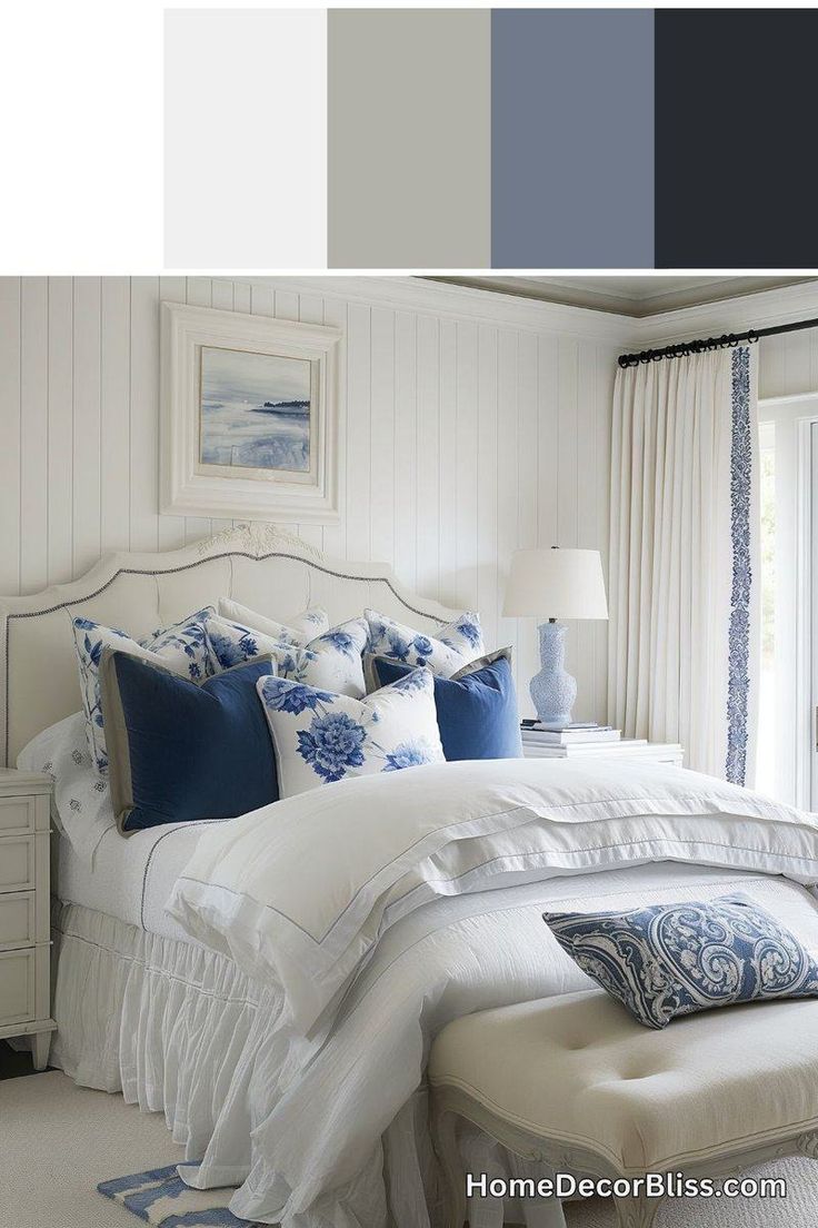 a bedroom with white walls and blue accents