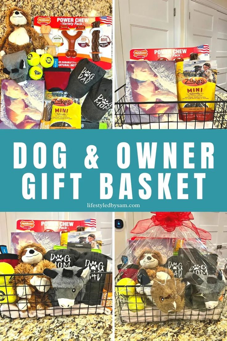 the dog and owner gift basket is filled with toys, books, and other items