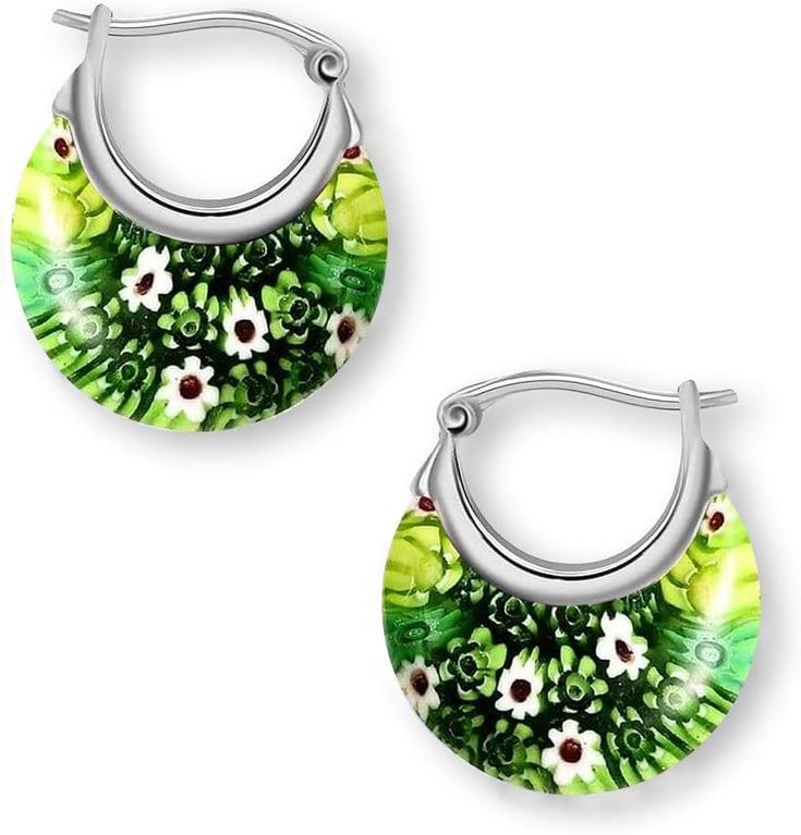 two pairs of hoop earrings with flowers painted on the front and back of each pair