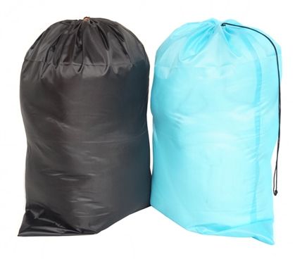 two black and light blue bags sitting next to each other on a white background,