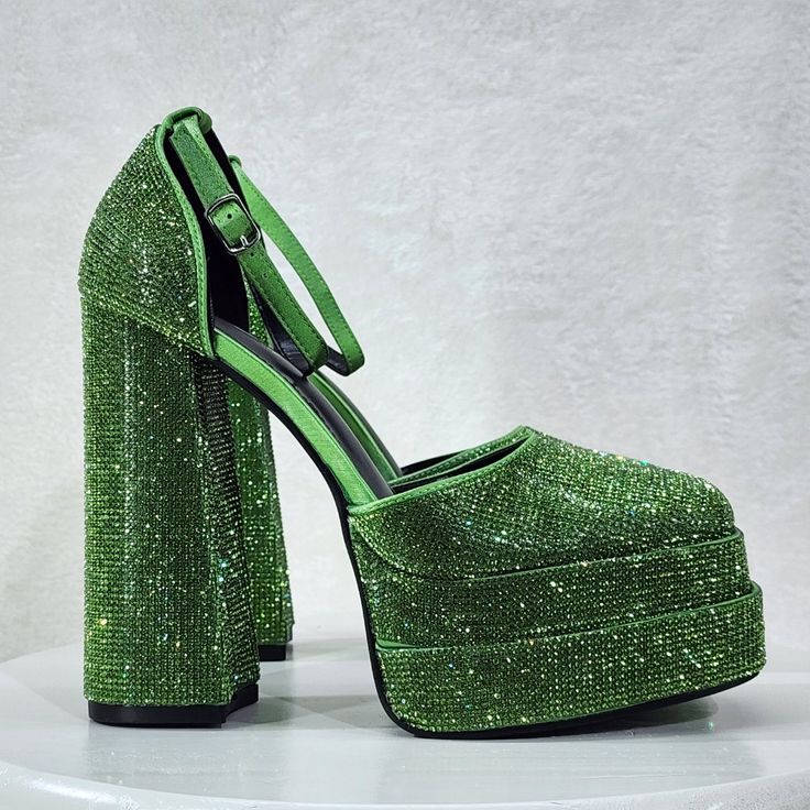 Green Rock It Jewel Green Rhinestone Chunky Heel 2 Inch Dual Platform 6 Inch High Heel Sandal With Ankle Strap. Brand New In Box Spring Party Heels With Rhinestone Rivets, Green Rhinestone Party Heels, Glamorous Green Embellished Heels, Glamorous Green Heels With Rhinestones, Green Rhinestone Round Toe Heels, Cinderella Heels, Funky Heels, Pink Kitten Heels, Denim Heels