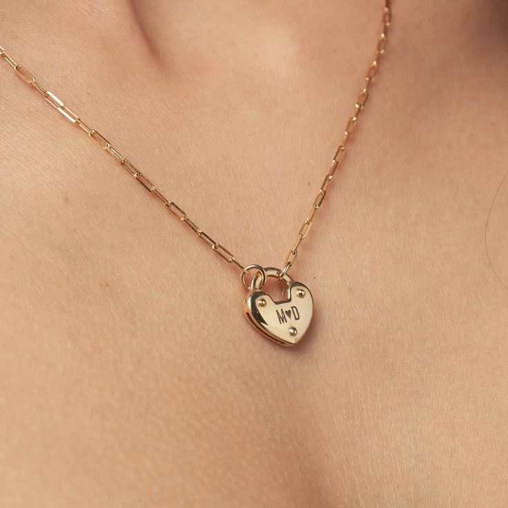 Heart Charm Lock Necklace - 14k Solid Gold-3 14k Gold Heart Necklace Tarnish Resistant For Gift, 14k Gold Tarnish-resistant Heart Necklace Gift, Double Heart Charm Necklace For Promise, Dainty Heart Pendant Jewelry For Promise, Heart-shaped Tarnish Resistant Jewelry For Promise, Valentine's Day Promise Necklace With Heart Charm, 14k Yellow Gold Necklace For Promise, Heart Pendant Necklace With Heart Charm For Promise, Promise Heart Charm Necklaces For Mother's Day