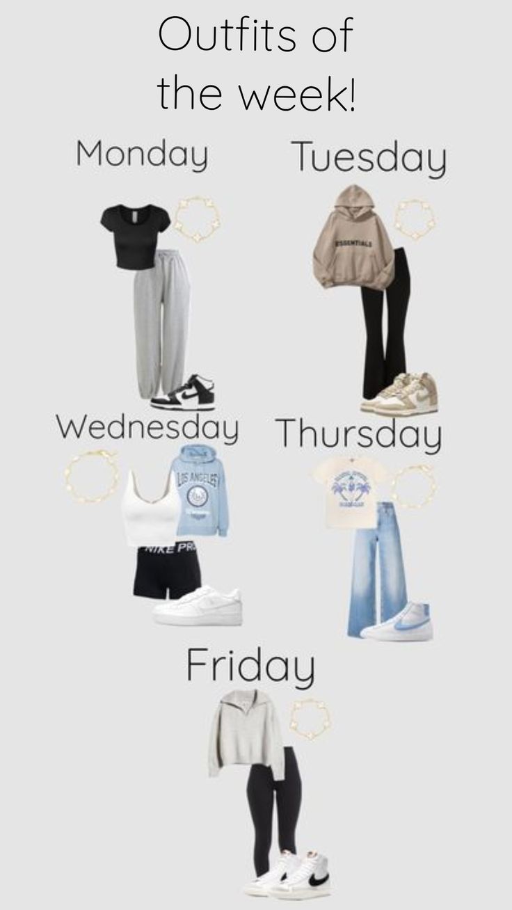 A week of outfits!! #oufitinspo Monday To Sunday Outfits, What To Wear Every Day Of The Week, What To Wear Each Day Of The Week, Days Of The Week Outfits School, Monday Tuesday Wednesday Thursday Friday Outfits, Day Of The Week Outfits, One Week Outfit Plan, Week Of Outfits For School, Week Outfits For School