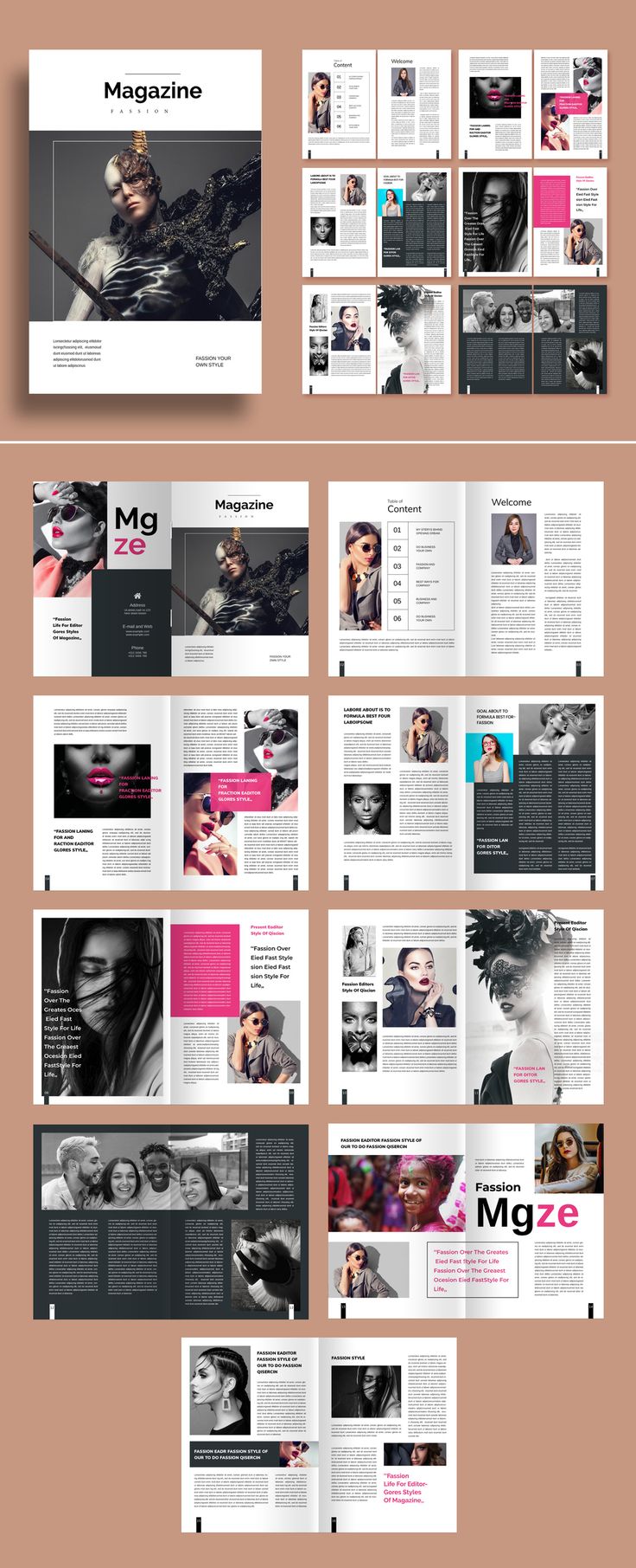 an image of a magazine layout with multiple pages and images on it, all in different colors