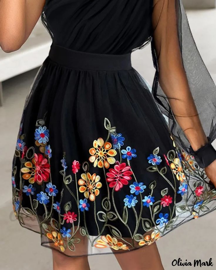 Olivia Mark - Elegant One-Shoulder Floral Embroidery Casual Dress Floral Embroidered Off-shoulder Dress, Off-shoulder Embroidered Spring Dress, Off-shoulder Floral Embroidered Summer Dress, Summer Off-shoulder Dress With Floral Embroidery, Summer Floral Embroidered Off-shoulder Dress, Summer Off-shoulder Floral Embroidered Dress, Spring Party Dress With Embroidered Sleeves, One-shoulder Dresses With Floral Embroidery For Spring, One Shoulder Dresses With Floral Embroidery For Spring