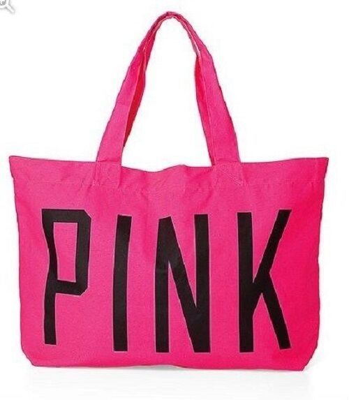 VICTORIAS SECRET PINK BEACH/TOTE BAG MADE OF COTTON CANVAS HOT PINK WITH BLACK "PINK" PRINT OVERSIZED BAG MEASURES 16" H 25" L X 8" D SOLD OUT AT VICTORIAS SECRET Cheetah Bag, Pink Outfits Victoria Secret, Pink Tote Bag, Pink Activewear, Victoria Secret Tote Bags, Beach Tote Bag, Oversized Bag, Pink Tote Bags, Oversized Tote