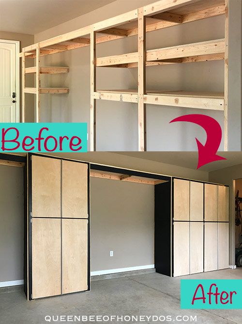 before and after photos of an unfinished garage with shelving in the process, including cabinets being built