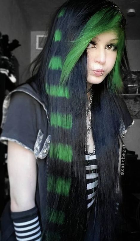 Coontails In Hair, Scene Striped Hair, Scene Hair Color Ideas, Scene Hair Dye Ideas, Scene Hair Stripes, Black Hair With Raccoon Tails, Coontail Hair, Scene Raccoon Hair, Scene Hair Extensions