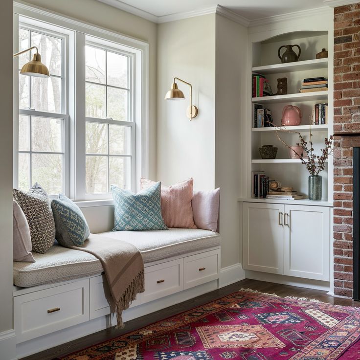 a window seat with pillows on it in front of a fire place and bookshelf