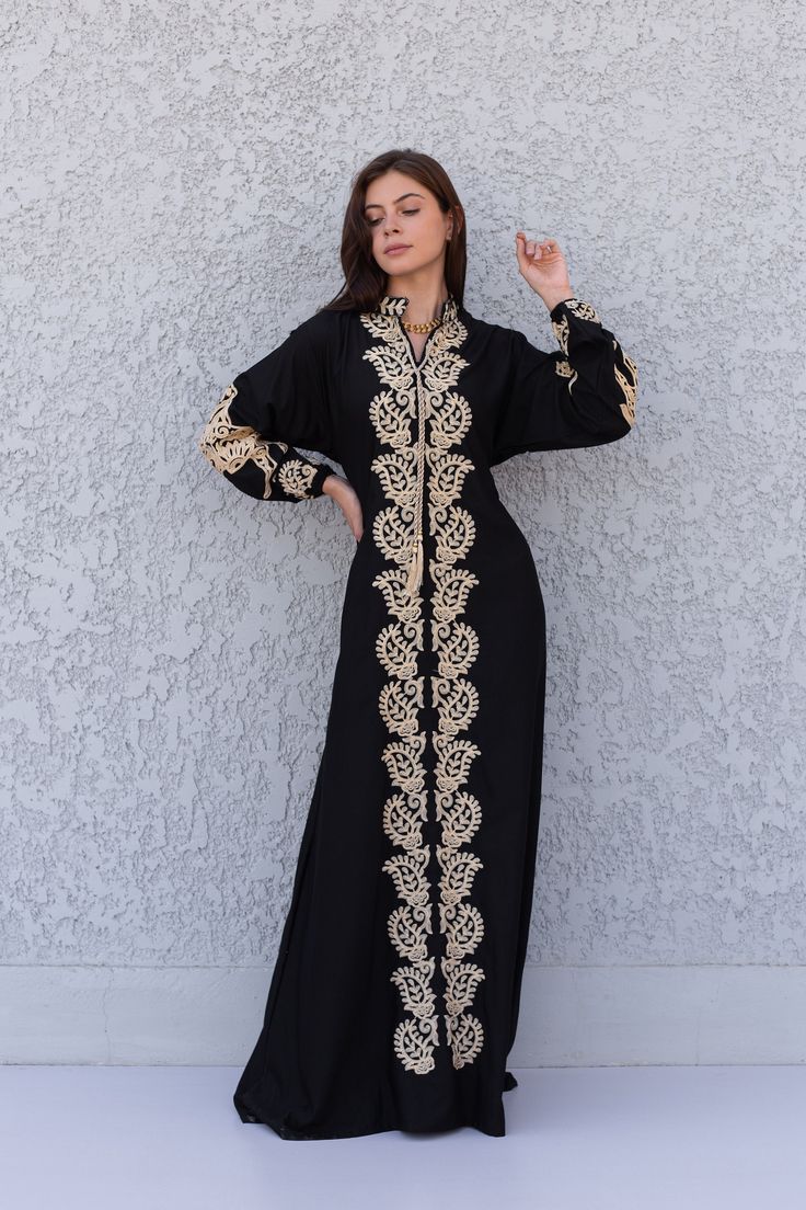 This stunning kaftan with its monotone embroidery will be your summer favorite. It is an extremely comfortable wear, light and soft and can be used on many occasions -  home gatherings, festival parties, summer occasions, dinners, or just in your home to feel comfortable. Fabric : 70% Egyptian Cotton; 30% Polyester. Sizes : The dress comes in two sizes. S/M/L which fits up to a size 14 US (Large) and one that fits up to a size 22 US (2XL). It comes with a cinch in the back to accentuate your bea Monotone Embroidery, Egyptian Fashion, Arabian Dress, Kaftan Designs, Cotton Caftan, Belle Silhouette, Designer Party Wear Dresses, Long Sleeve Print Dress, Star Dress