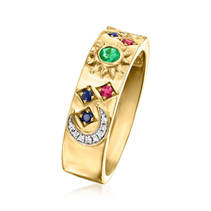 Ross-Simons - .20ct t. w. Multi-Gemstone Celestial Ring, Diamond Accents Over Sterling. Size 5. An RS exclusive. Featuring a celestial sky more colorful than you could ever imagine, this stackable ring is quite the eye-catcher! Stars and a sun of .20 ct. tot. gem wt. emerald, sapphire and ruby rounds glow alongside diamond-accented moons. Crafted in 18kt yellow gold over sterling silver. 1/4" wide. Multi-gemstone celestial ring. Emerald birthstones are the perfect gift for May birthdays. Celestial Multi-stone Yellow Gold Jewelry, Celestial Yellow Gold Multi-stone Jewelry, Celestial Yellow Gold Jewelry With Center Stone, Celestial Multi-stone Diamond Ring, Celestial Multi-stone Diamond Jewelry, May Birthdays, Celestial Ring, Emerald Birthstone, Ring Emerald