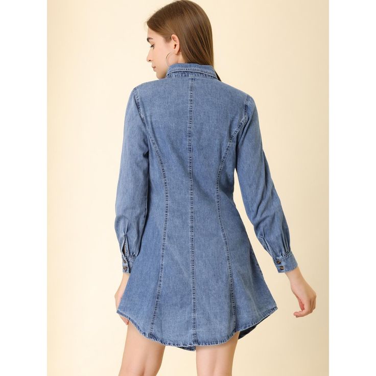 This Women's Denim Tunic Dress is crafted from soft and comfortable cotton denim, making it perfect for spring, autumn, and winter wear. The shirt dress features a flattering shape with pared-back details and a cinched waist. It includes a feminine silhouette, chest pockets, and a classic collar with a front button placket. The dress is cut to a flattering above-knee length. Pair it with canvas trainers for a casual, off-duty look. Please note that the model is wearing a size XS. Spring Chambray Denim Jacket With Long Sleeves, Spring Denim Blue Shirt Dress With Button Closure, Blue Long Sleeve Denim Dress With Buttoned Pockets, Spring Denim Shirt Dress With Button Closure, Denim Blue Cotton Dress With Buttons, Blue Cotton Denim Dress With Buttoned Pockets, Spring Chambray Denim Jacket With Button Closure, Collared Denim Blue Cotton Dress, Washed Blue Button-up Denim Dress