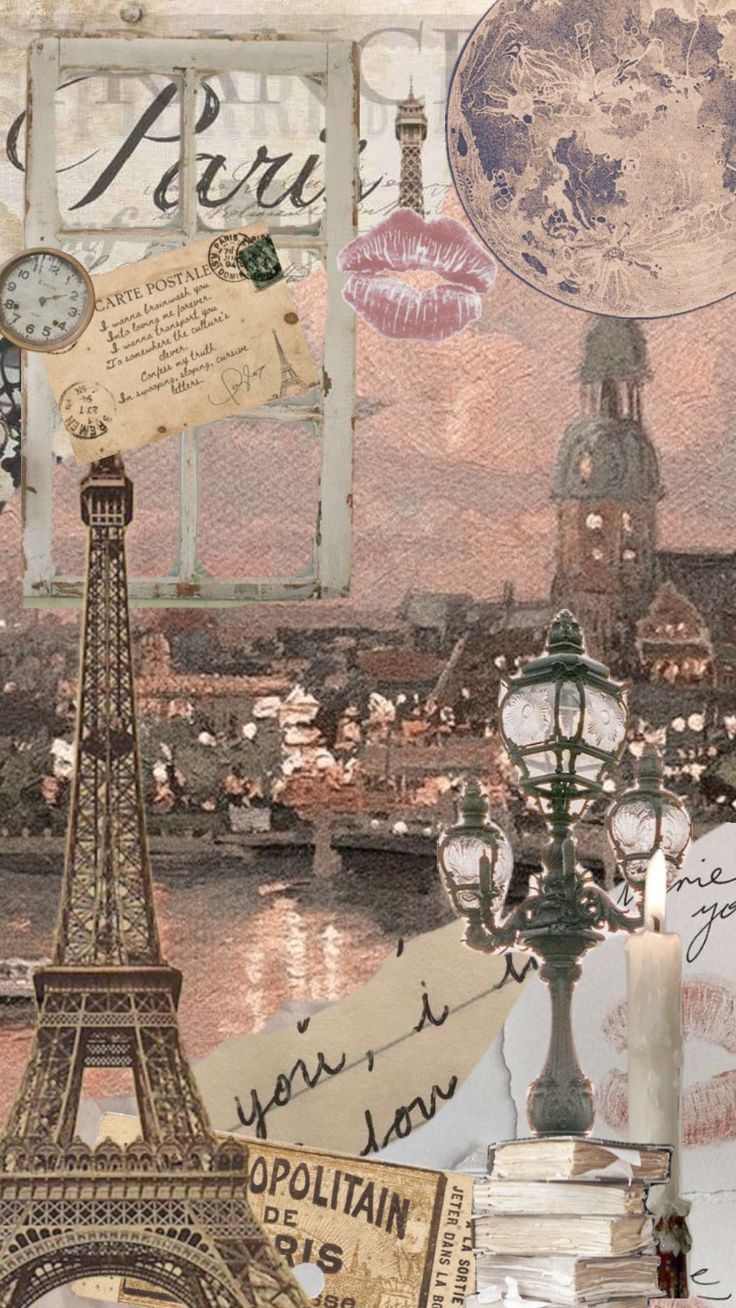 the eiffel tower is surrounded by old postcards and other items from around the world