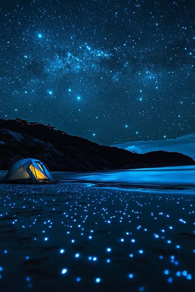 there is a tent in the water under the stars