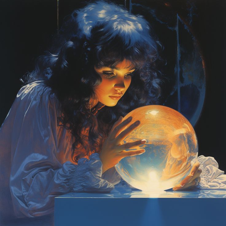 a painting of a girl looking at a crystal ball