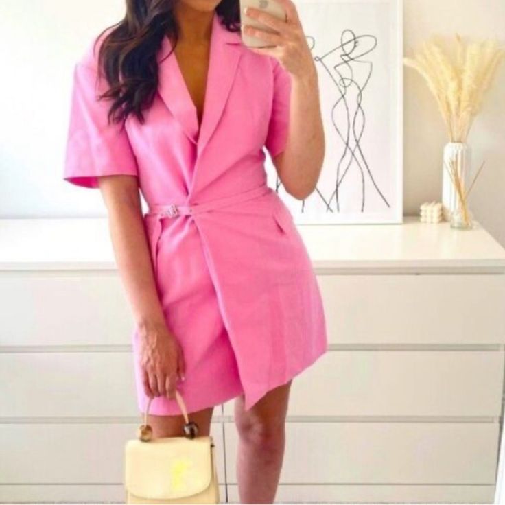 Zara Pink Linen Short Blazer Dress . Never Worn In Size Medium Feminine Short Sleeve Mini Dress For Office, Casual Pink Office Dress, Summer Formal Belted Mini Dress, Summer Formal Mini Dress With Belt, Feminine Pink Mini Dress For Office, Feminine Spring Mini Dress For Office, Zara Mini Dress For Summer Workwear, Pink Spring Office Dress, Zara Summer Mini Dress For Work