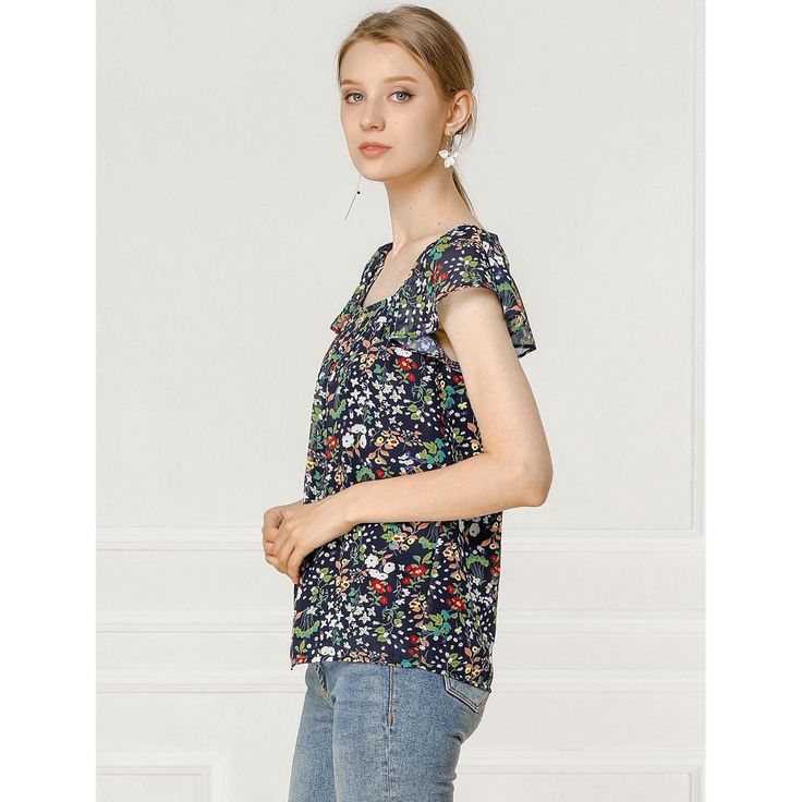 This floral top is sure to inject a floral flourish into your wardrobe. Made of a lightweight chiffon fabric for a soft fit, this top boasts a floral print throughout and a flattering and vintage-inspired square neckline. Wear it with jeans or a skirt for a chic style that will take you from day to evening. With summer floral and greenery details, this breezy flowy blouse features fluttery sleeves. Optimal for day or night, this floral-printed blouse features vintage details like a square neck a Ditsy Floral Blouse, Floral Print Chiffon Blouse, Vintage Details, Ruffle Fabric, Ruffle Sleeve Top, Layered Blouse, Floral Print Chiffon, Flowy Blouse, Chiffon Ruffle