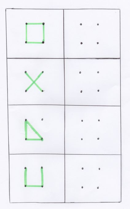 four squares with different shapes and lines drawn on them