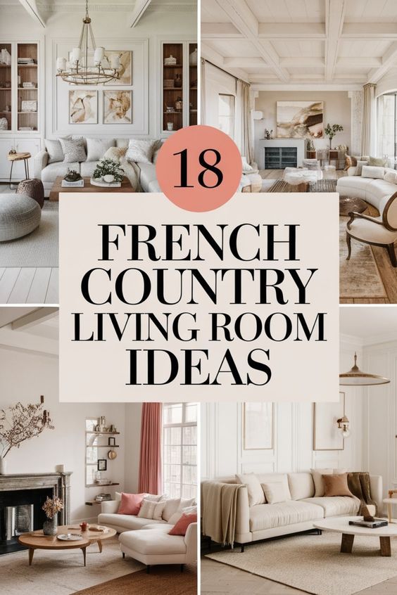 french country living room decor ideas with text overlaying the top and bottom image