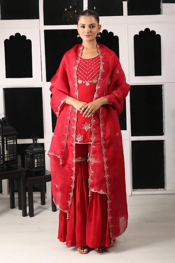 Red kurta with zardosi and zari embroidery in floral pattern. Paired with an embroidered sharara in floral pattern. - Aza Fashions Red Palazzo Set With Resham Embroidery In Traditional Drape, Red Resham Embroidered Palazzo Set For Reception, Red Palazzo Set With Zari Work For Reception, Designer Red Palazzo Set For Festivals, Red Designer Palazzo Set For Festivals, Designer Red Set With Dupatta, Silk Palazzo Set For Traditional Ceremonies, Red Palazzo Set For Eid Reception, Red Cutdana Sets For Traditional Ceremonies