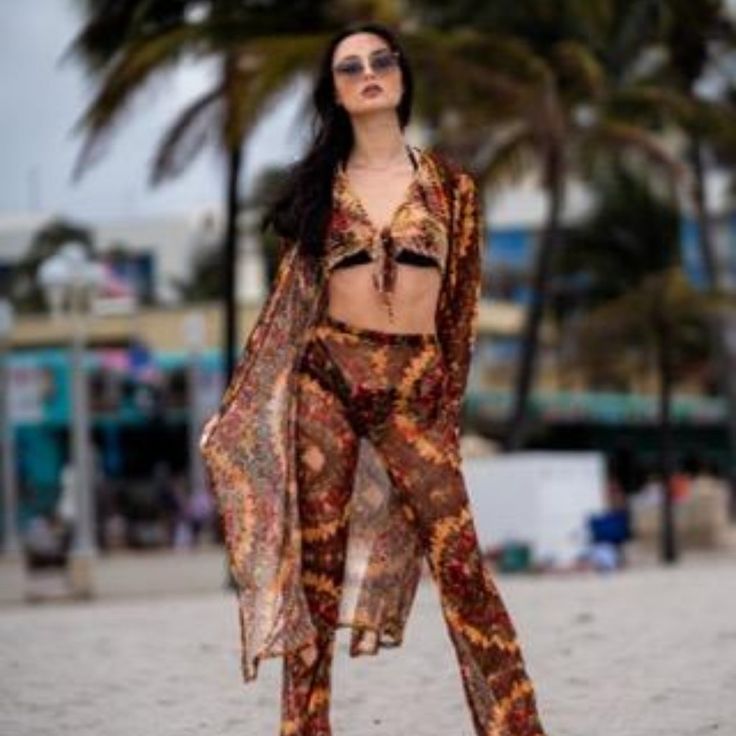 3 Piece Set-Long Sleeve Robe,Straight Long Pants And Tie-Front Top. Perfect For The Beach, Swimming Pool, Poolside, Cruising, Party, Daily, Vacation And Other Occasion 100% Polyester,Machine Washable Casual Two-piece Pants For Vacation, Bohemian Style Brown Pants For Vacation, Bohemian Brown Pants For Vacation, Tropical Beach Pants For Vacation, Tropical Beach Vacation Pants, Tropical Beach Pants For Summer, Summer Beach Two-piece Pants, Summer Beachwear Bottoms In Brown, Bohemian Beach Pants