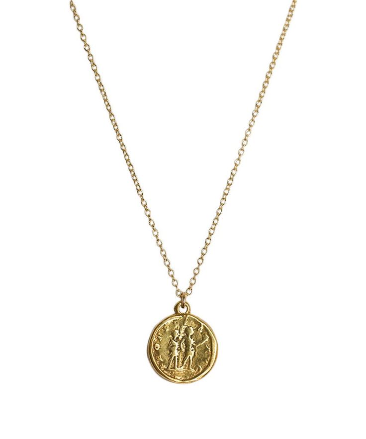 14k gold filled chain, charm is sterling silver plated in 14k gold. Chain measures 17 inches at it’s shortest length, and has an adjustable chain up to 19 inches. Please note this coin is intended to have a vintage look and comes with light black patina on it as shown in the images. Brass Medallion Necklace Tarnish Resistant, Tarnish Resistant Brass Medallion Necklace, Yellow Gold Coin Charm Necklace With Adjustable Chain, Classic Brass Jewelry With Coin Pendant, Adjustable Engraved Coin Necklace With Round Pendant, Nickel-free Yellow Gold Medallion Coin Necklace, Nickel-free Yellow Gold Medallion Necklace, Classic Charm Necklaces With Coin Pendant, Brass Coin Charm Necklace Tarnish Resistant