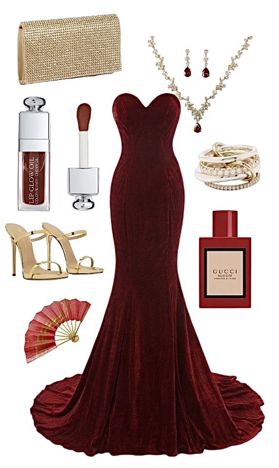 Red Dress Gold Accessories Prom, Red Dress And Jewelry, Jewelry For A Red Dress, Burgundy Dress With Gold Accessories, Red Prom Dress With Gold Accessories, Gold Heels Red Dress, Red Dress With Gold Jewelry, Red Dress With Jewelry, Gold Jewelry With Red Dress