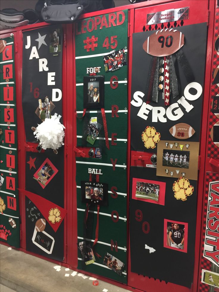 the lockers are decorated with football memorabilia